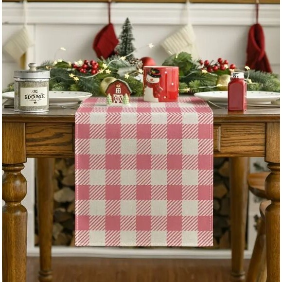 Table Runner 13x72in Woven Polyester Bright Pink Check - Picture 1 of 3
